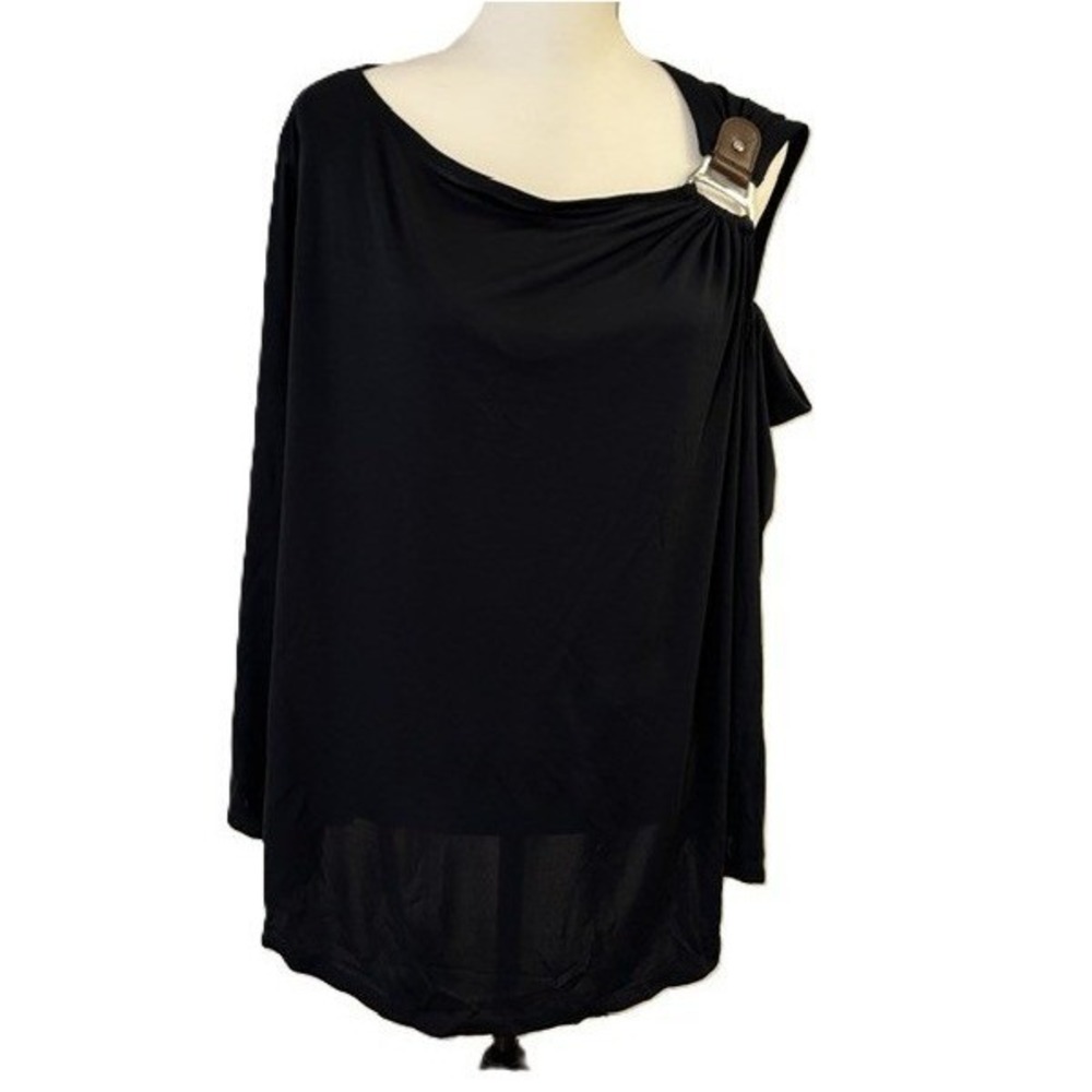 Lauren Ralph Black Label Cold Shoulder Navy Buckle Top Women 2X Excellent